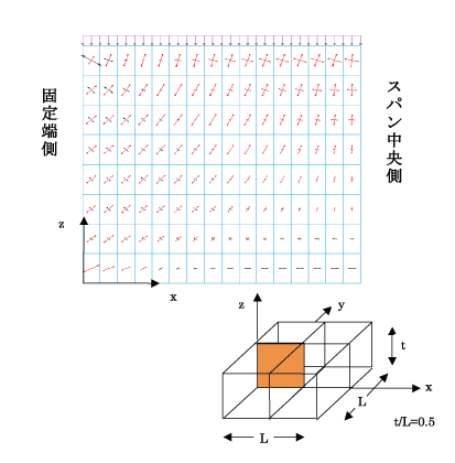 図2 周辺固定厚板をソリッドモデルで解析したときの中央断面の主応力図